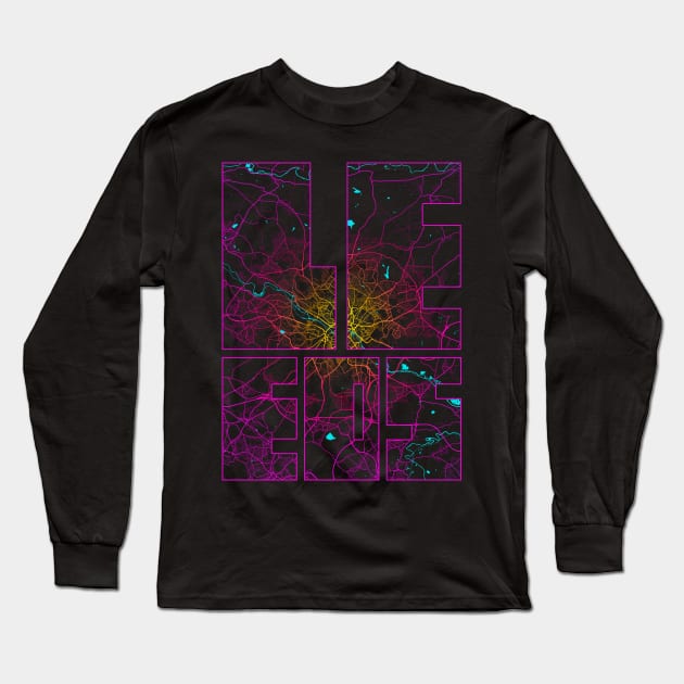 Leeds, England, UK City Map Typography - Neon Long Sleeve T-Shirt by deMAP Studio